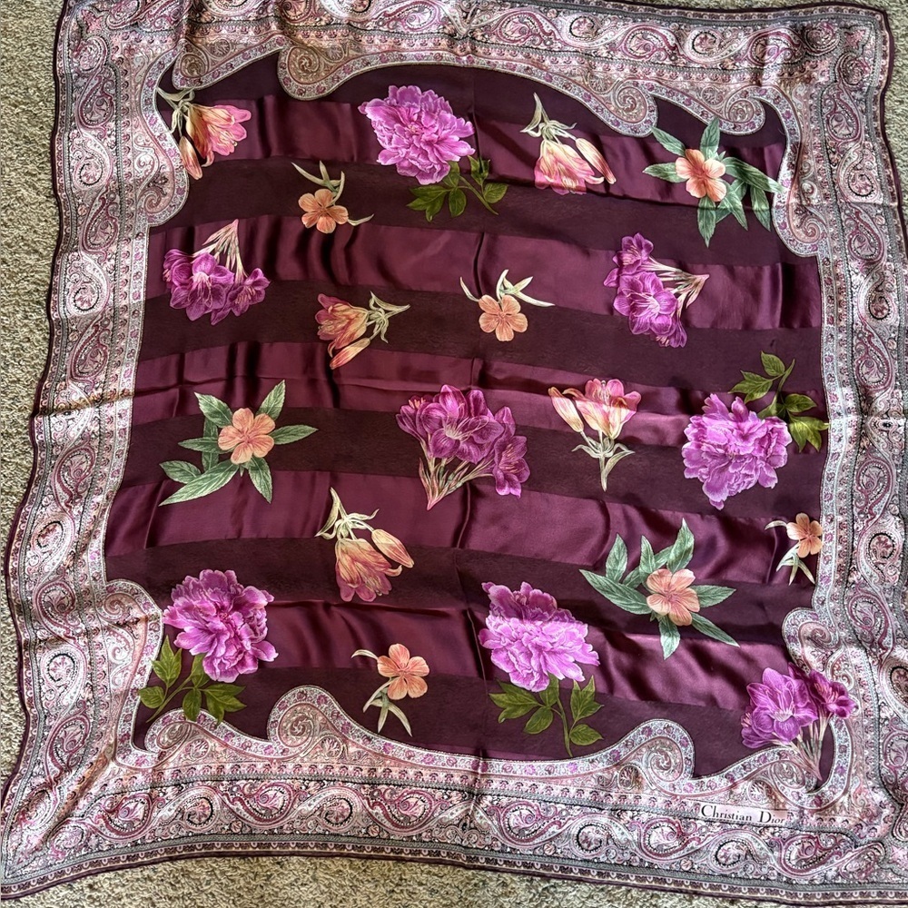 Authentic silk Christian Dior purple Flower Scarf with original box